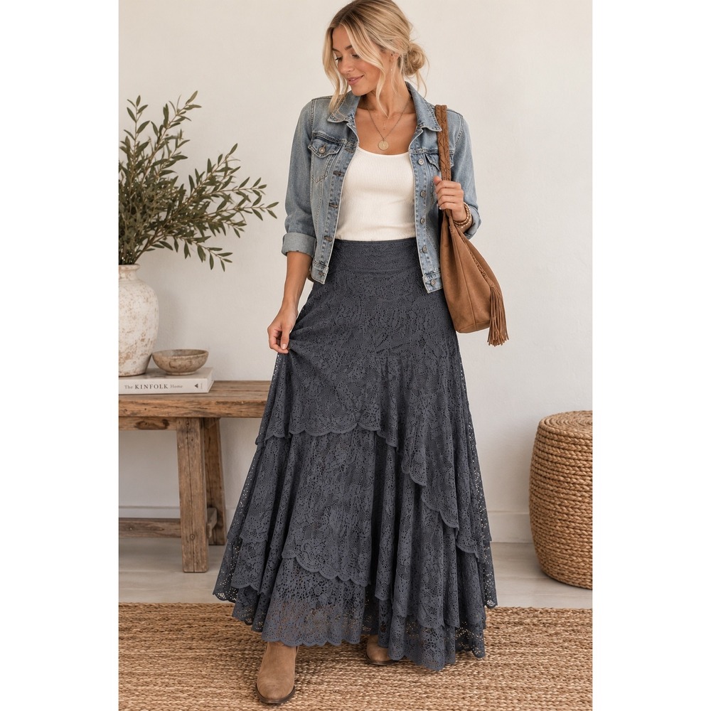 NEW Free People Lace Tiered Maxi Skirt Black Sz 12 Boho Scalloped Layer Fancy